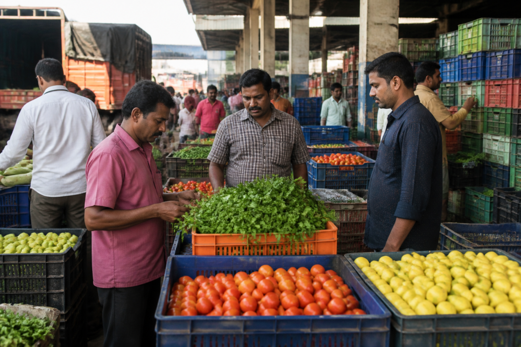 Vegetable traders and produce crates at the Vashi APMC wholesale market in Navi Mumbai