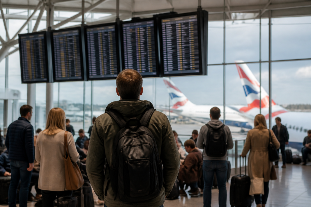 Passenger aircraft at a UK airport during a disruption to departures caused by a NATS technical issue