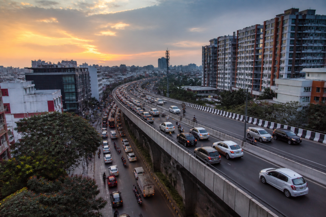 Traffic moving on an elevated flyover in Bengaluru amid phased flyover restrictions
