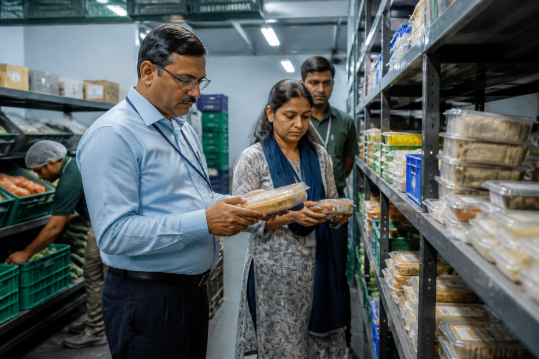FDA officials inspect food products at a Bengaluru dark store during raids targeting expired and mislabelled goods