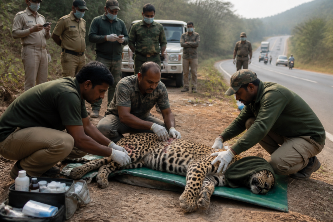Forest officials rescue an injured leopard after a road accident near Anagodu on National Highway 48 in Davangere