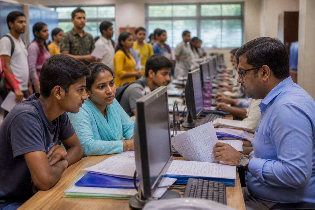 Students using computers for Maharashtra's 11th online admission process at an education centre