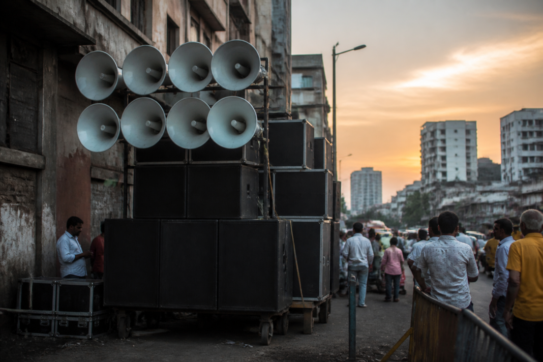 Loudspeakers and audio equipment used during a public festival in Pune amid a debate over noise limits