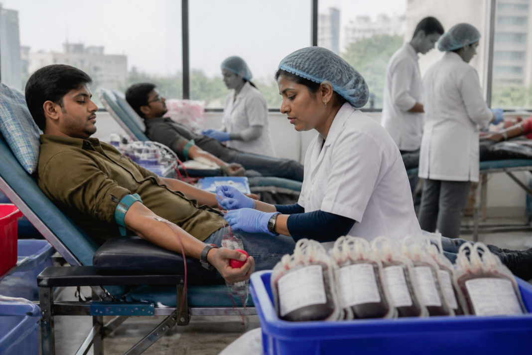 Blood donation bags being collected at a Pune blood donation camp amid increased platelet demand