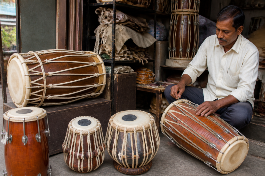 Traditional dholki and other percussion instruments displayed for Ganeshotsav in Thane