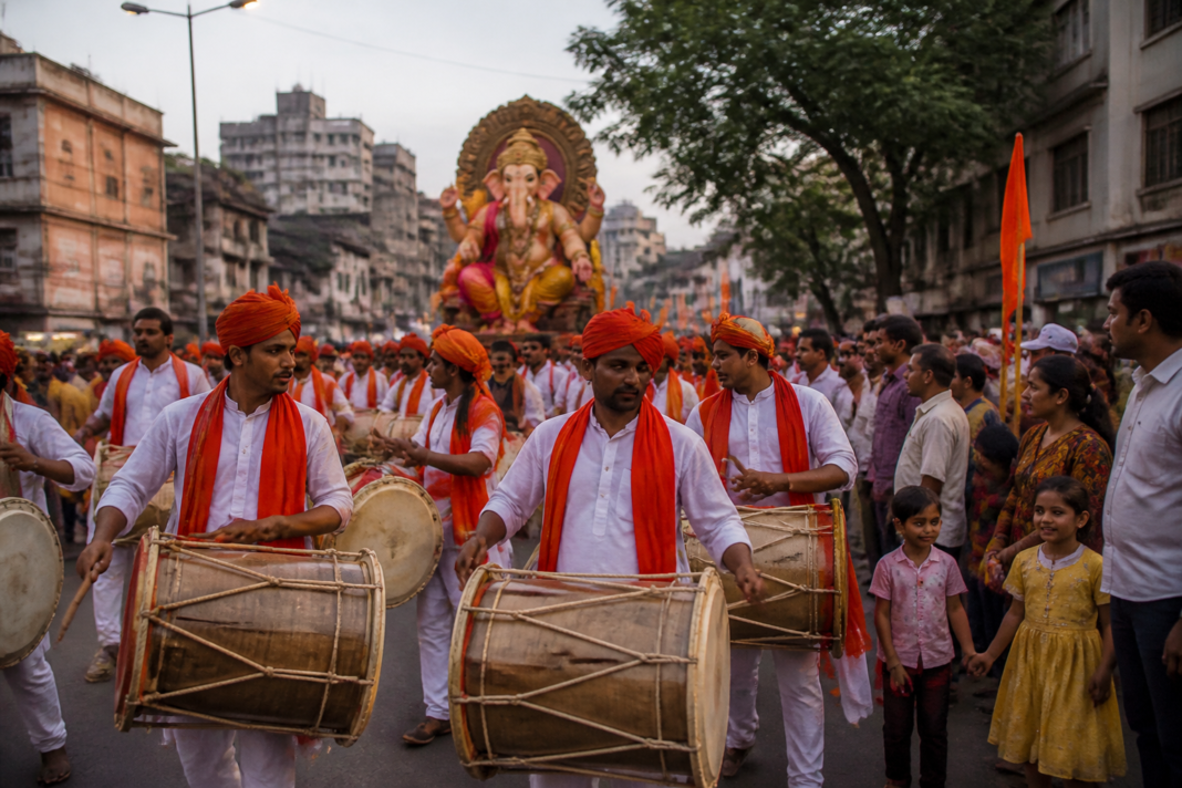 Ganesh procession in Kalyan with traditional instruments during a campaign for a noise pollution-free Ganeshotsav