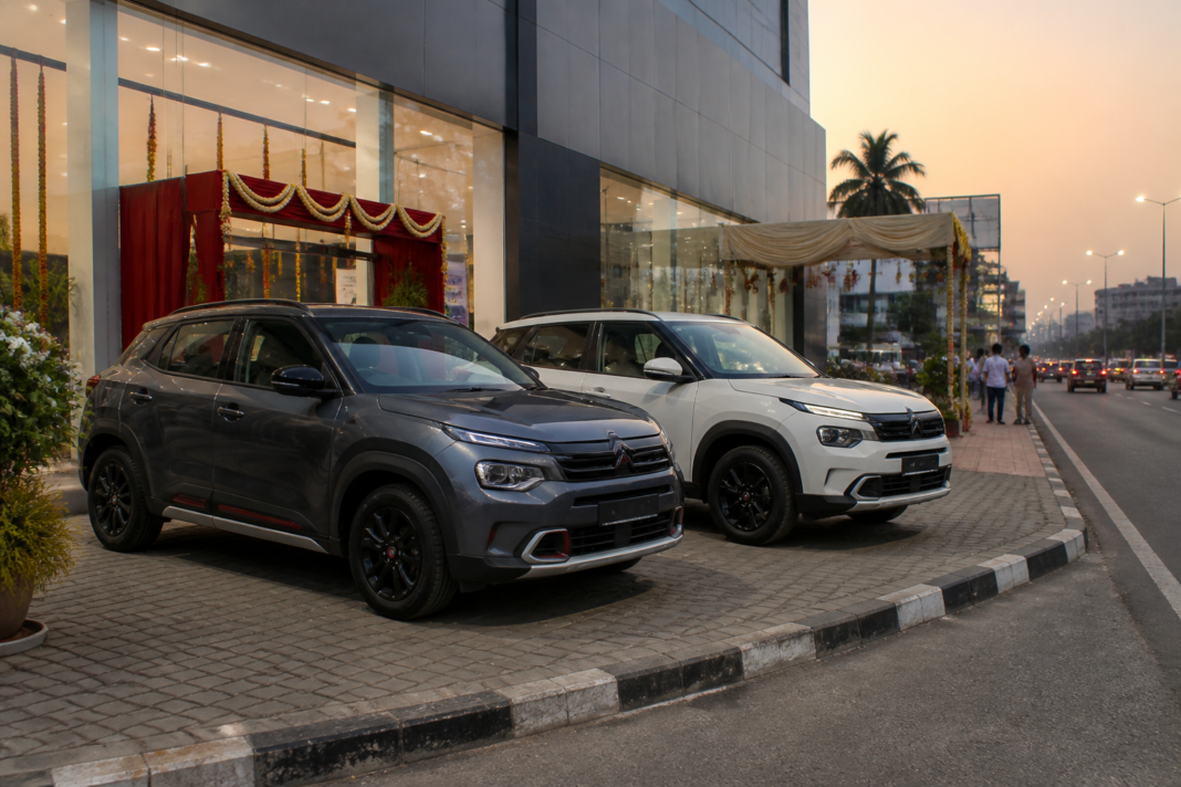 Citroën BasaltX and AircrossX vehicles at an urban dealership, illustrating Citroën prices and India’s car market