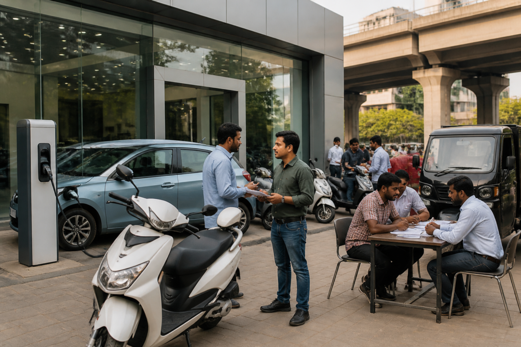 Electric vehicles at an urban dealership and registration facility in India, illustrating record India EV registrations in August 2026