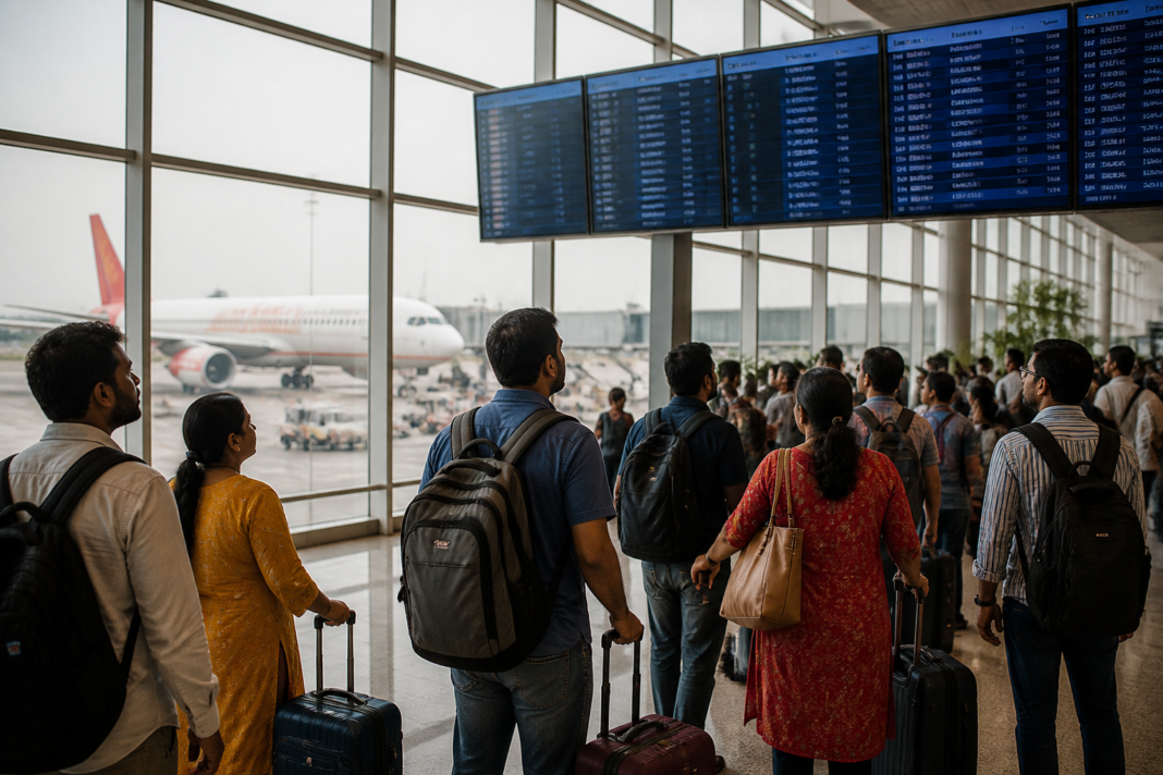 Commercial passenger aircraft at an Indian airport during the festive travel season, illustrating rising domestic airfares