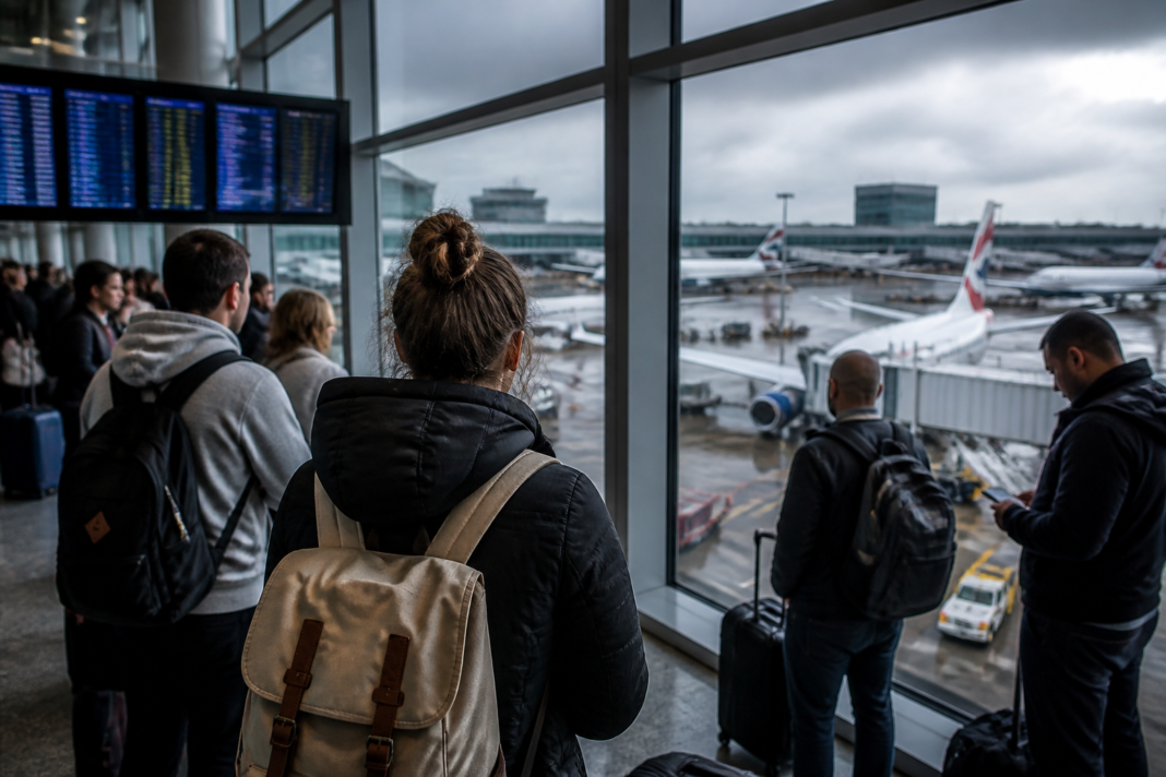 Aircraft on the ground at a major UK airport during a disruption linked to a UK air traffic control issue