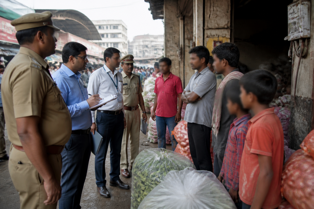 Police and Labour Department officials conducting a child labour rescue operation at Bengaluru’s Yeshwanthpur APMC market