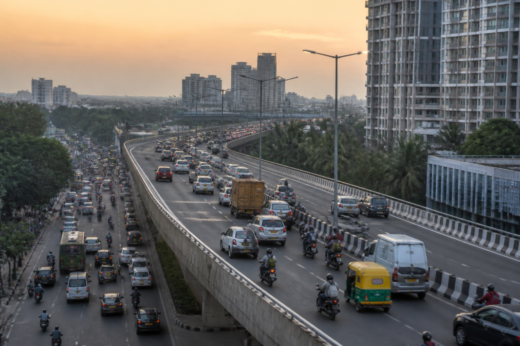 Traffic moving on a Bengaluru elevated flyover amid phased restrictions affecting two-wheelers and goods vehicles