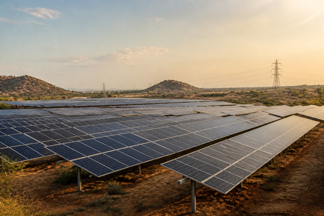 Solar panels at a large renewable energy facility representing Karnataka renewable energy development and investment