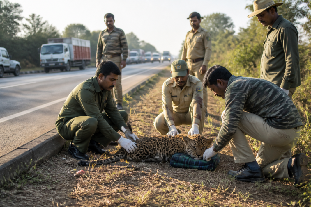 Forest officials prepare to rescue an injured leopard near National Highway 48 in Davangere