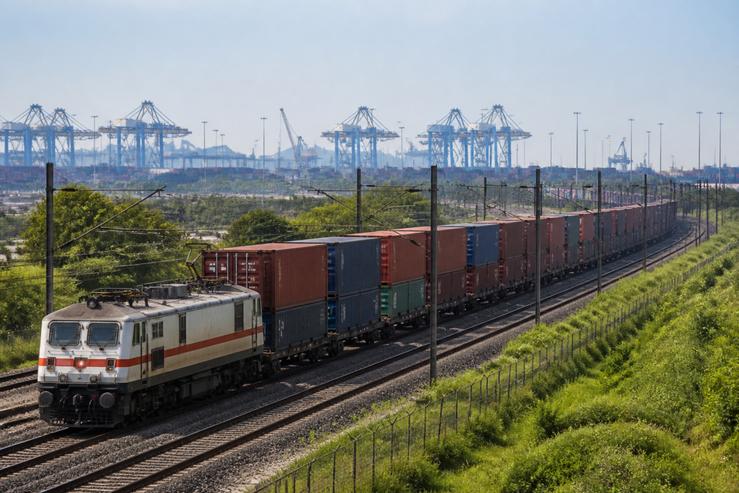 Freight train carrying double-stack containers on the Western Dedicated Freight Corridor near JNPT