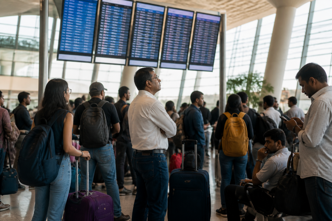 Passengers waiting at Mumbai airport after a SpiceJet Mumbai-Dubai flight delay caused by a reported technical fault
