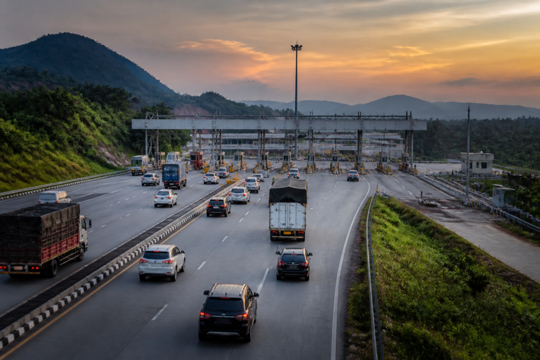Vehicles travelling on the Mumbai-Goa Highway towards Konkan during the Ganeshotsav 2026 toll waiver period