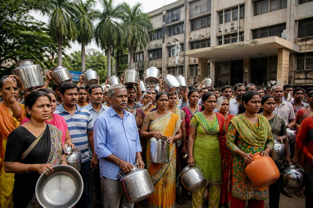 Residents carrying empty vessels during a protest over the Kalyan East water shortage outside KDMC headquarters