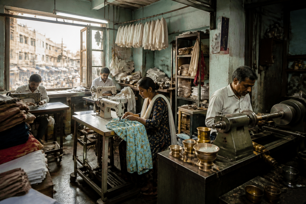 Small-scale household manufacturing workshop with workers producing textiles and metal goods in an Indian urban neighbourhood