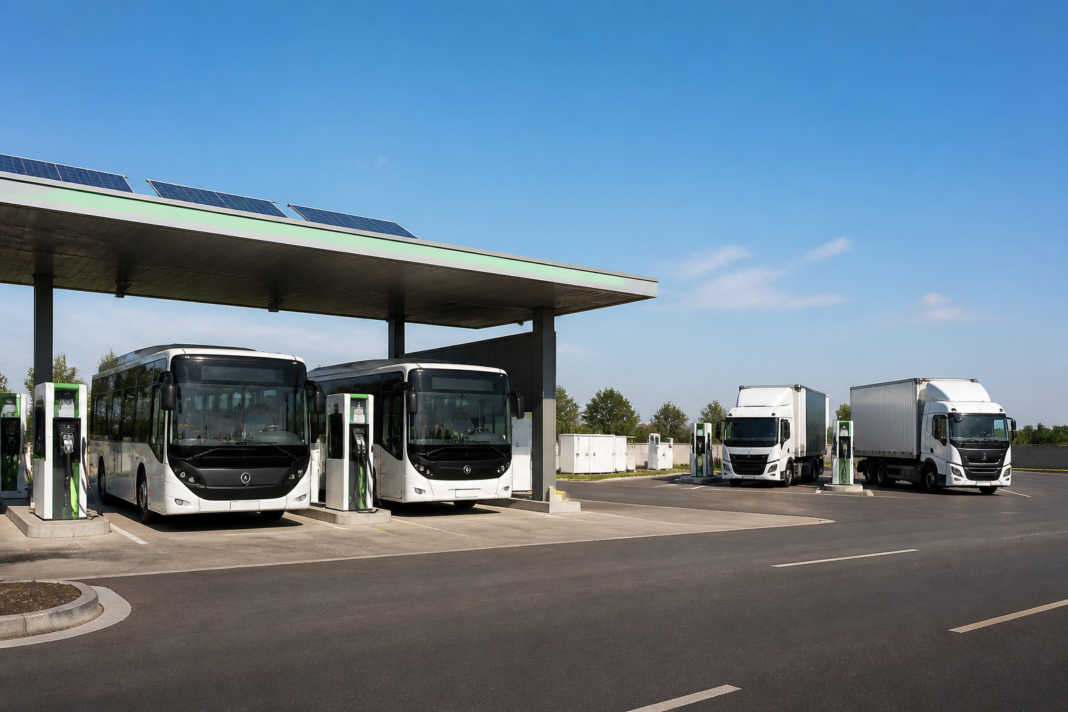 Commercial electric buses and trucks at a charging station on an Indian highway