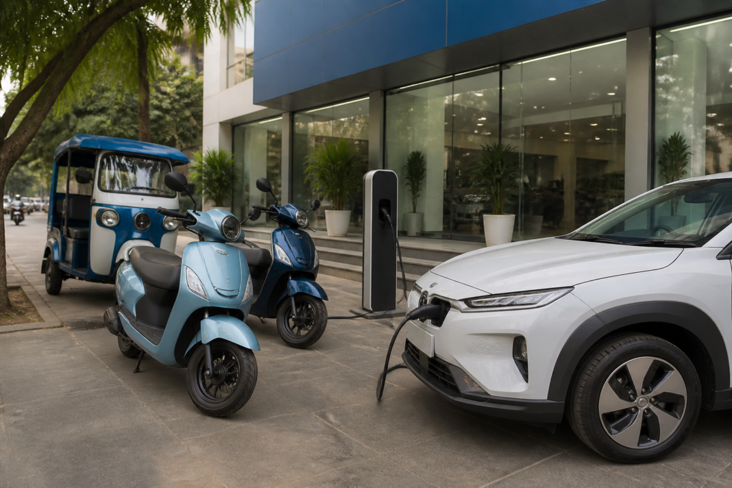 Electric vehicles displayed at an urban automobile dealership in India, illustrating record electric vehicle registrations in August 2026