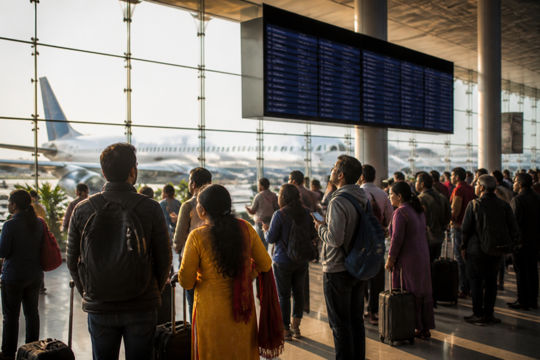 Passenger aircraft at an Indian airport terminal during the festive travel season as domestic airfares rise