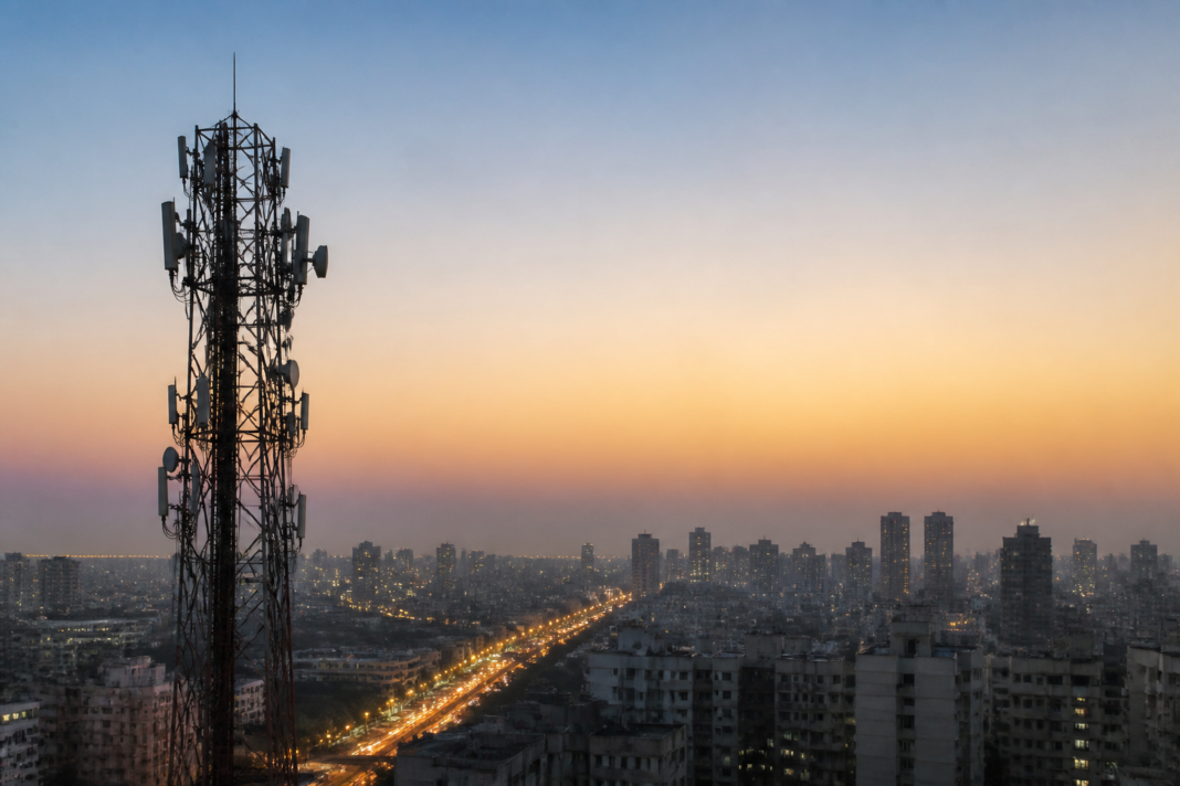 A telecommunications tower and urban skyline representing India’s participation in a global 6G initiative