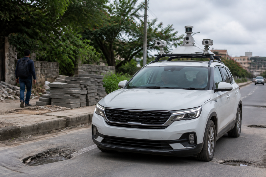 AI-enabled civic inspection vehicle surveying a Bengaluru road for potholes and footpath encroachments