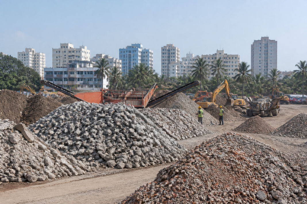 Construction and demolition waste at an urban processing site in Bengaluru