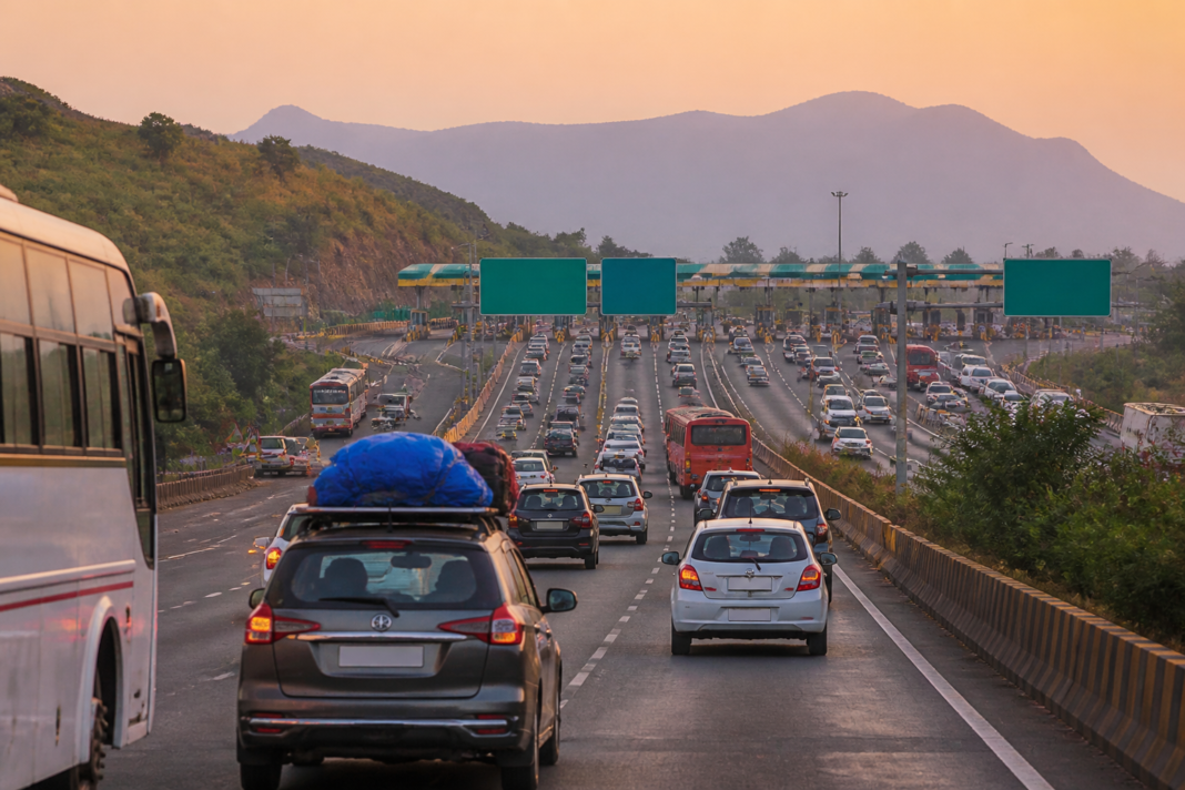 Vehicles travelling on a Maharashtra highway towards Konkan during the Ganeshotsav 2026 toll exemption period