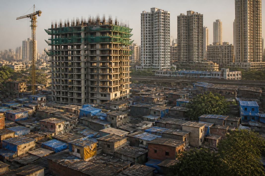 Residential slum structures in Mumbai associated with stalled redevelopment and rehabilitation projects