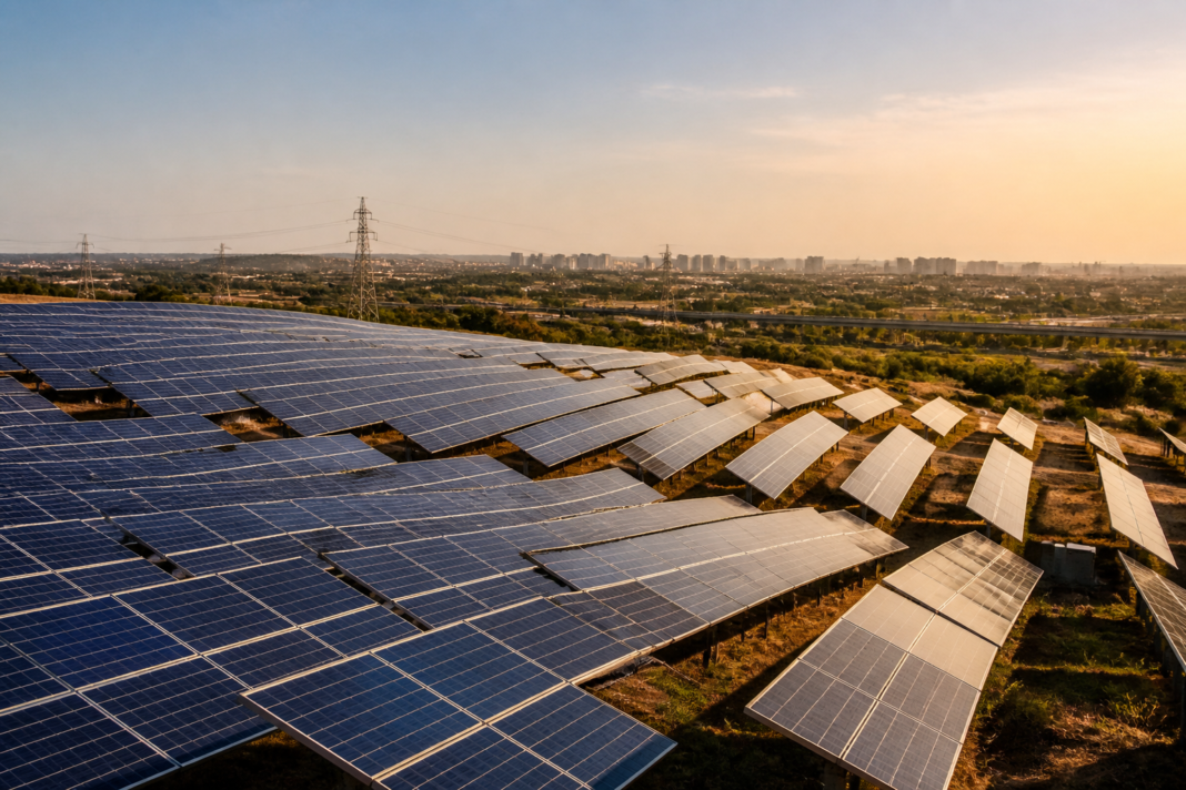 Solar panels and renewable energy infrastructure in Karnataka representing the state's renewable energy investment plans