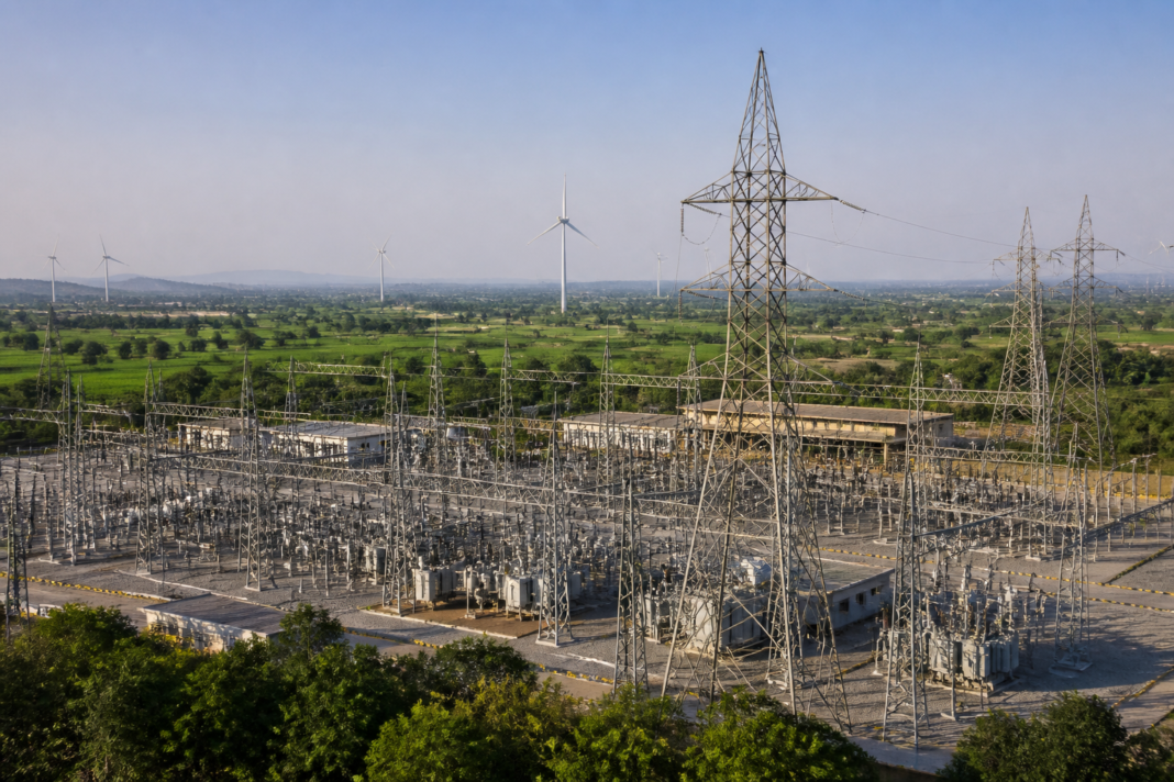 Electricity transmission infrastructure and substations representing Karnataka power supply planning and renewable-energy integration