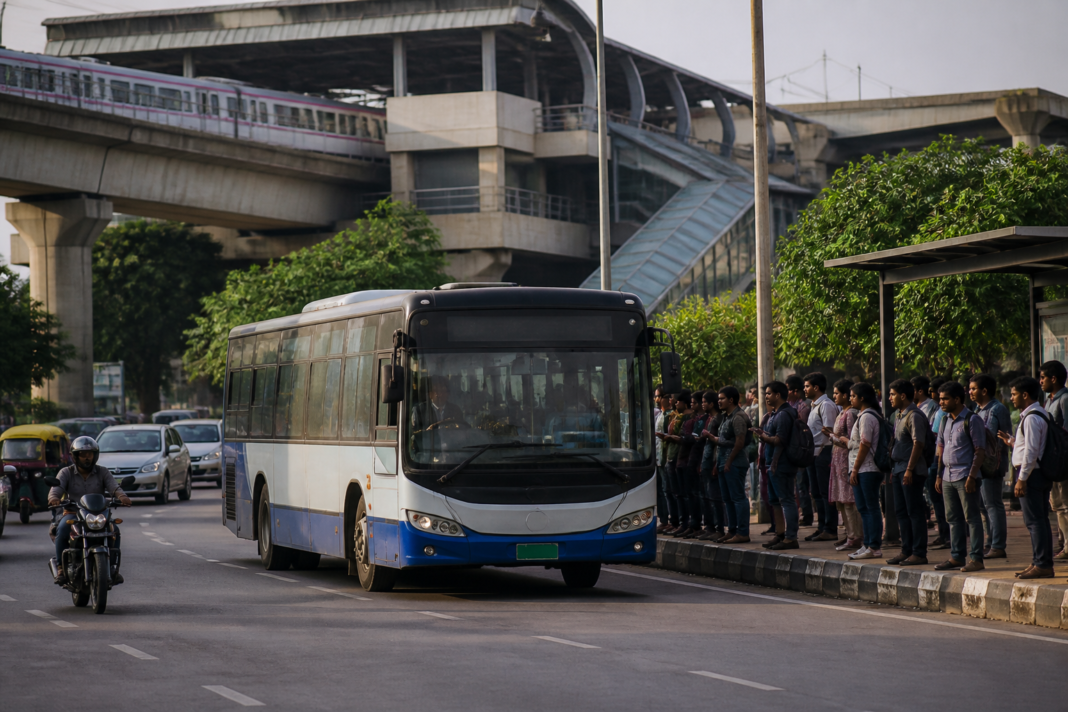 BMTC city bus operating on a Bengaluru road near a metro station