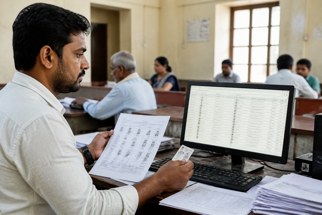 Karnataka voter list revision documents and voter registration forms displayed on a computer screen