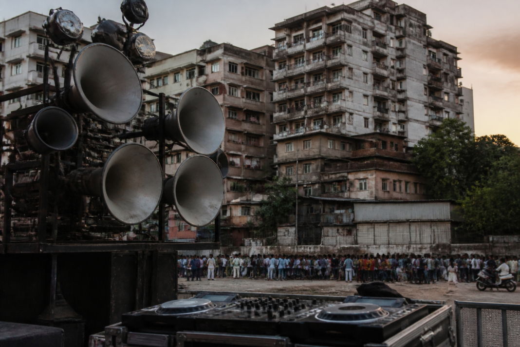 Festival loudspeakers and DJ equipment set up near a residential neighbourhood in Maharashtra