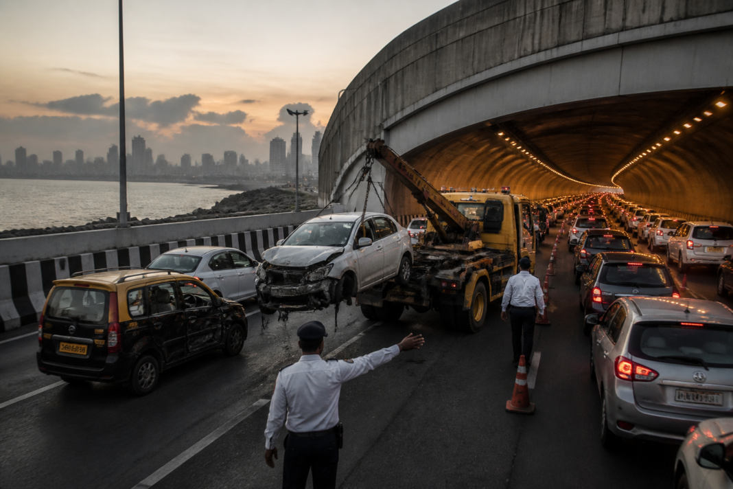 Traffic congestion following a car and taxi collision inside a Mumbai Coastal Road tunnel