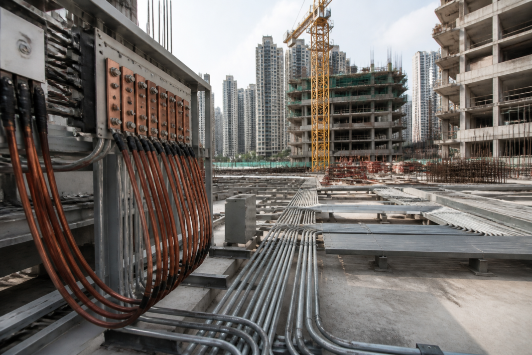 Copper cables and electrical infrastructure at an urban construction site, illustrating the impact of rising copper prices on India’s built environment