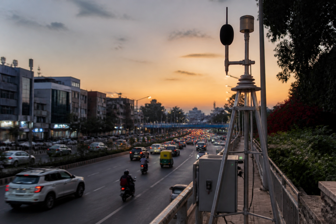 Traffic moving along a Bengaluru road near an urban noise monitoring station, illustrating Bengaluru noise pollution