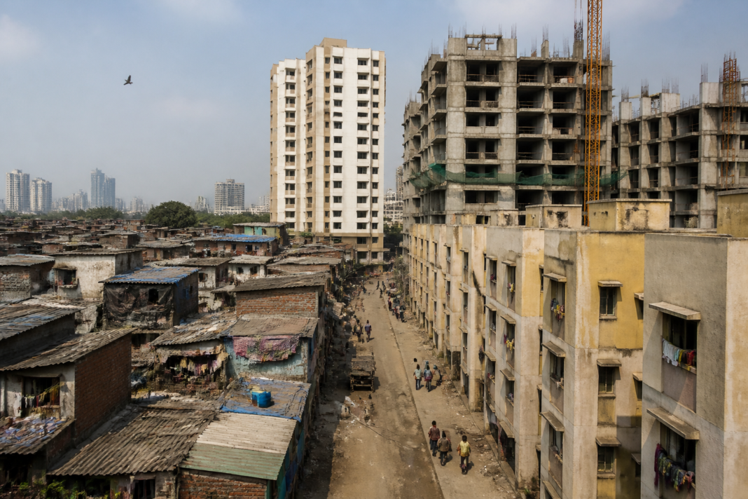 Mumbai slum rehabilitation settlement representing the SRA Abhay Yojana and redevelopment process