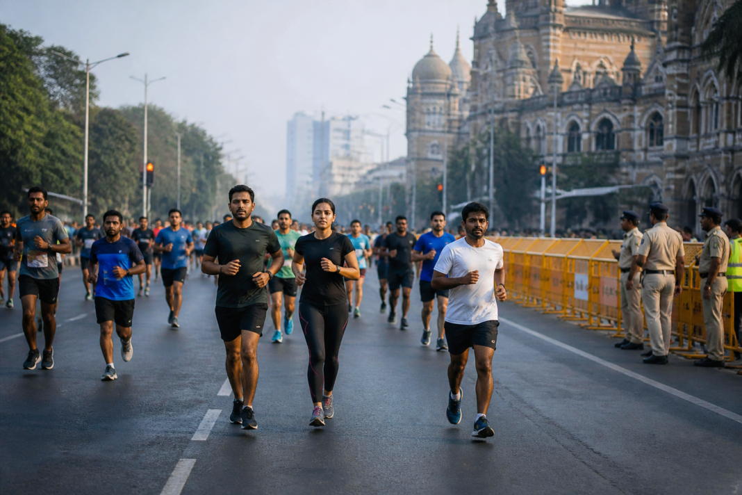 Runners taking part in the Tata Mumbai Marathon on a Mumbai road