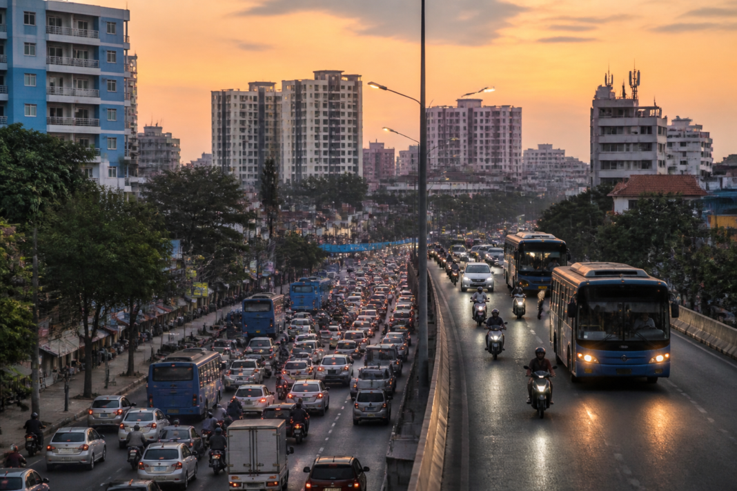 Traffic moving along a Bengaluru road near urban buildings, illustrating the city’s noise pollution and monitoring challenge