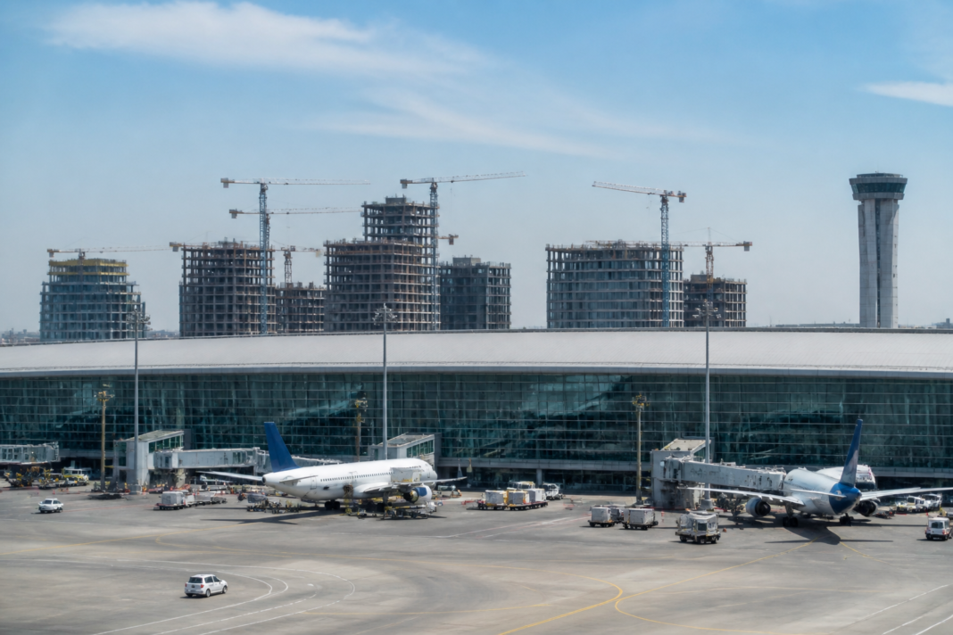 Airport terminal and surrounding urban infrastructure representing Adani Airports’ planned expansion in India