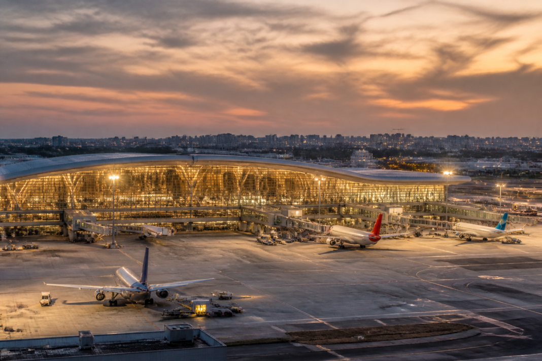 Airport terminal and aircraft infrastructure representing Adani Airports’ expansion and airport-city development plans in India