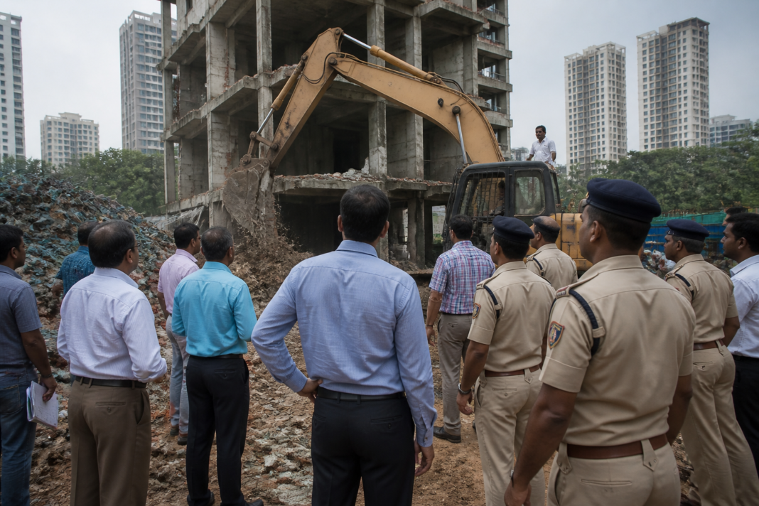 Municipal demolition machinery and officials at an illegal construction site in Navi Mumbai