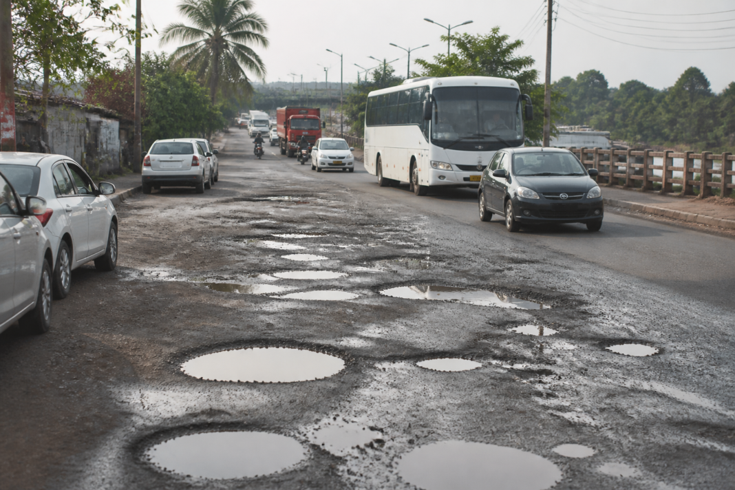 Pothole-damaged Uran road near the Khopate bridge ahead of Ganeshotsav traffic