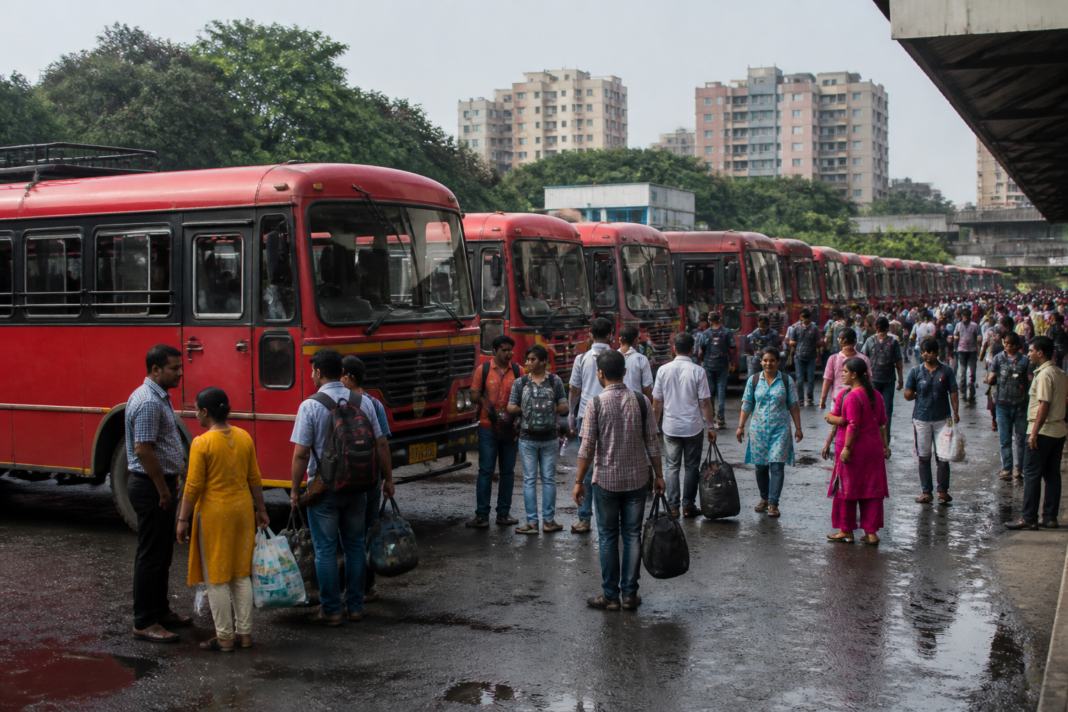 State Transport buses prepared for Ganeshotsav passengers at the Panvel ST depot