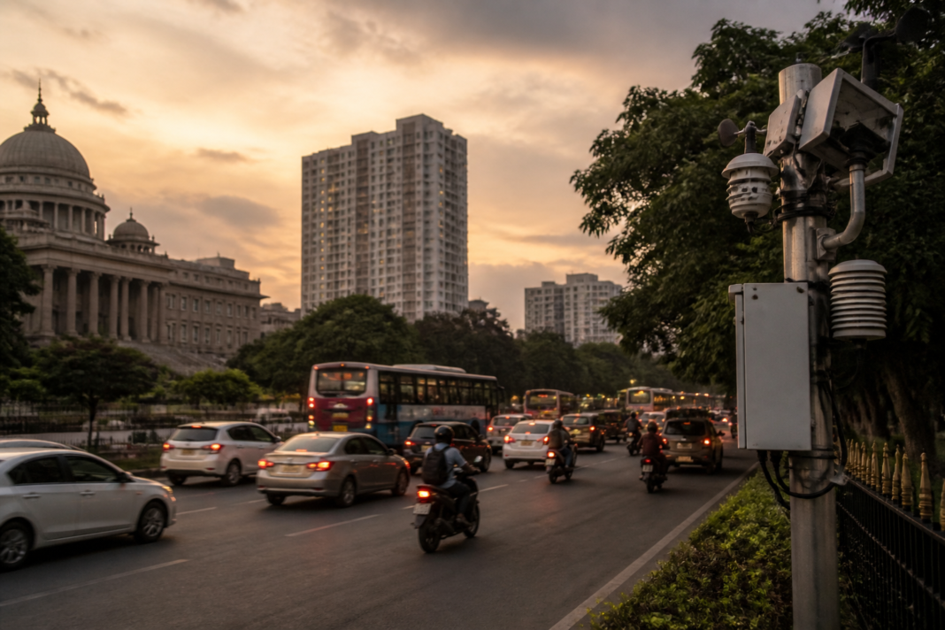 Traffic on a Bengaluru road near residential and institutional areas, illustrating the city’s noise monitoring challenge