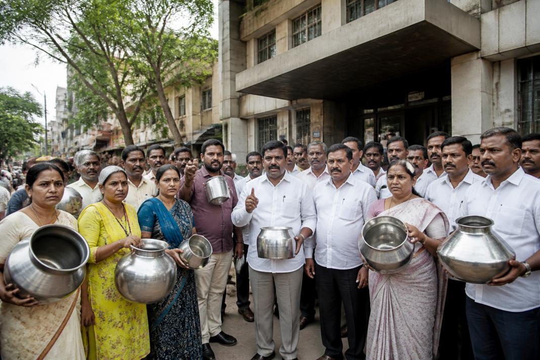 Empty vessels displayed during a protest over the Malad water crisis outside a BMC ward office in Mumbai