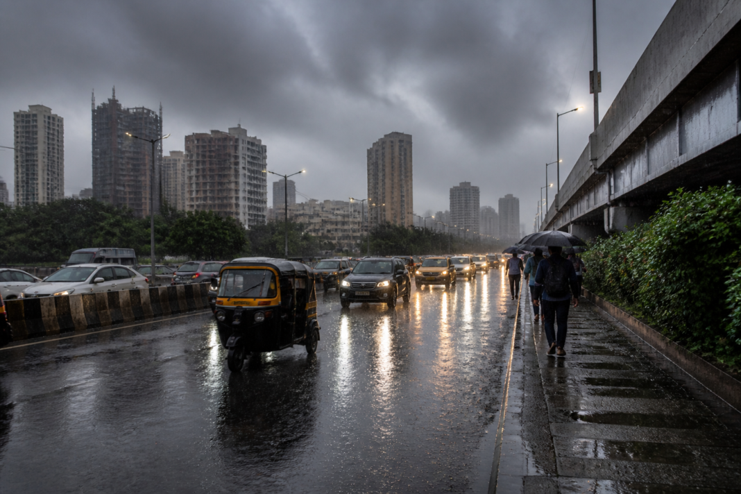 Rain clouds over an urban road during an IMD heavy rain alert in India